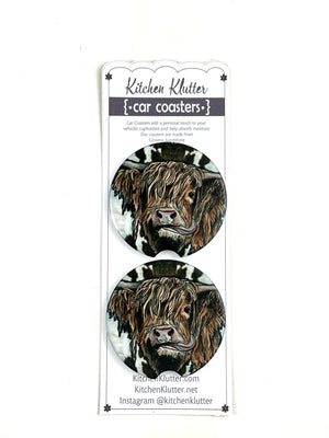 Highland Cow Western or Cow Hide Car Coasters Ceramic Stone Sublimation Set of 2