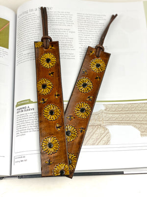 Leather Sunflower Bookmark, Leather Book Marker, Hand Stamped and Painted Leather Flower Book Mark, Leather Bookmarker