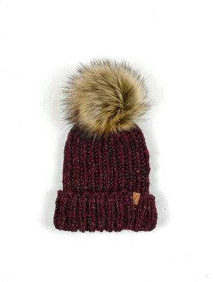 Hand Knit Folded Brim Super Bulky Beanie Faux Fur Pom