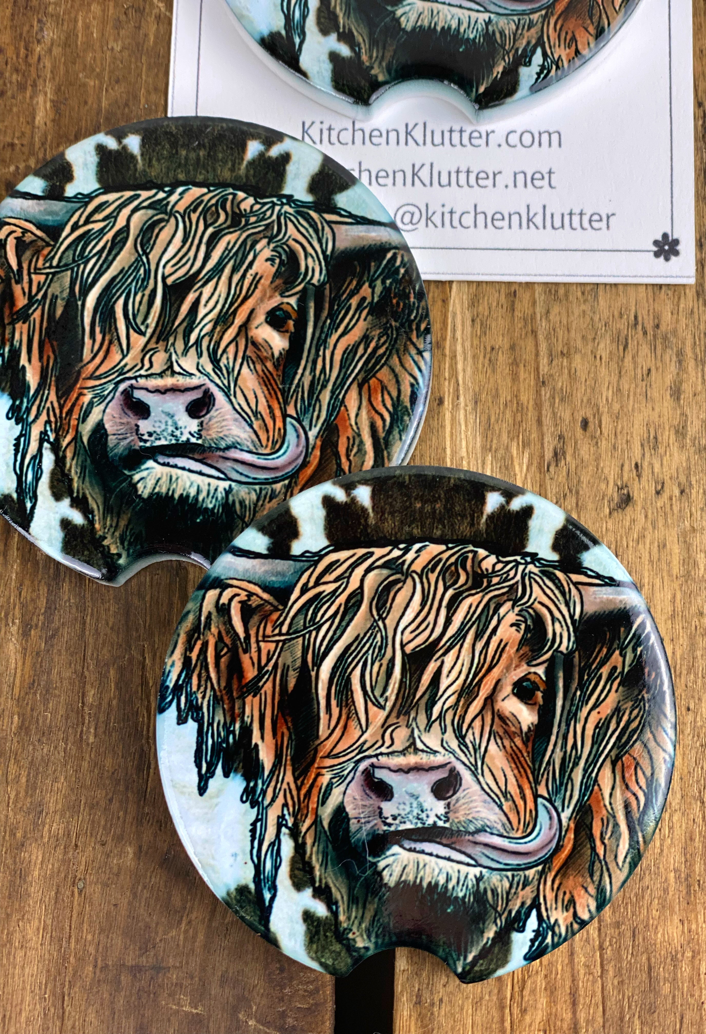 Highland Cow Western or Cow Hide Car Coasters Ceramic Stone Sublimation Set of 2