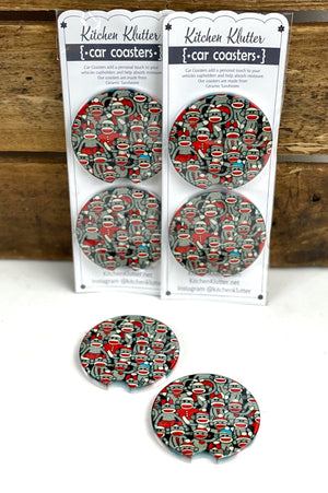 Sock Monkey Ceramic Car Coasters, Stoneware Cup Holder Coaster Set of 2, Sublimation Coasters, Car Accessories