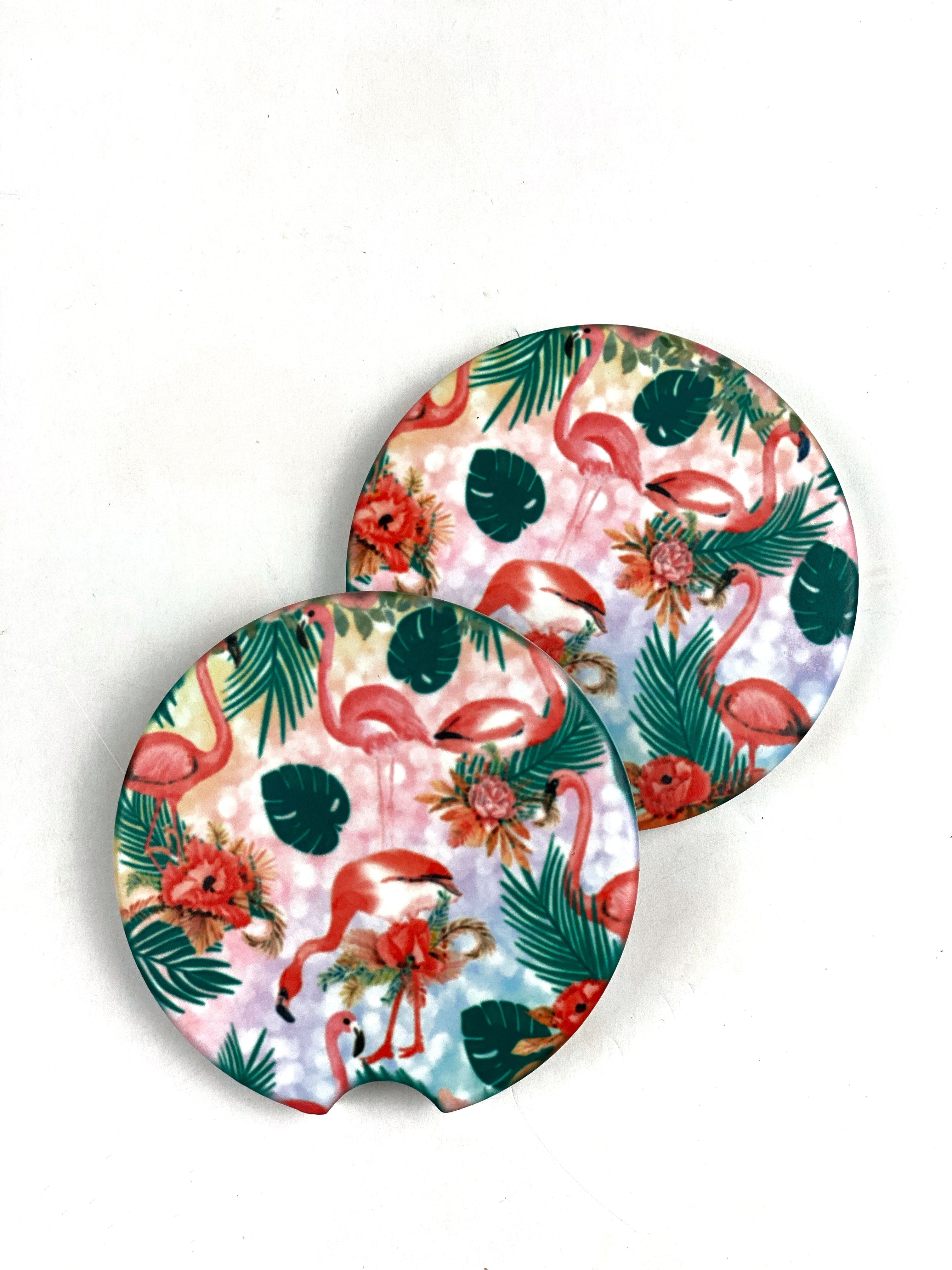 Flamingo and Palms Car Coasters Ceramic Stone Sublimation Set of 2