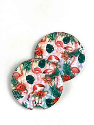 Flamingo and Palms Car Coasters Ceramic Stone Sublimation Set of 2