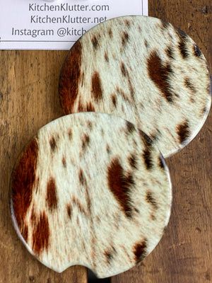 Highland Cow Western or Cow Hide Car Coasters Ceramic Stone Sublimation Set of 2