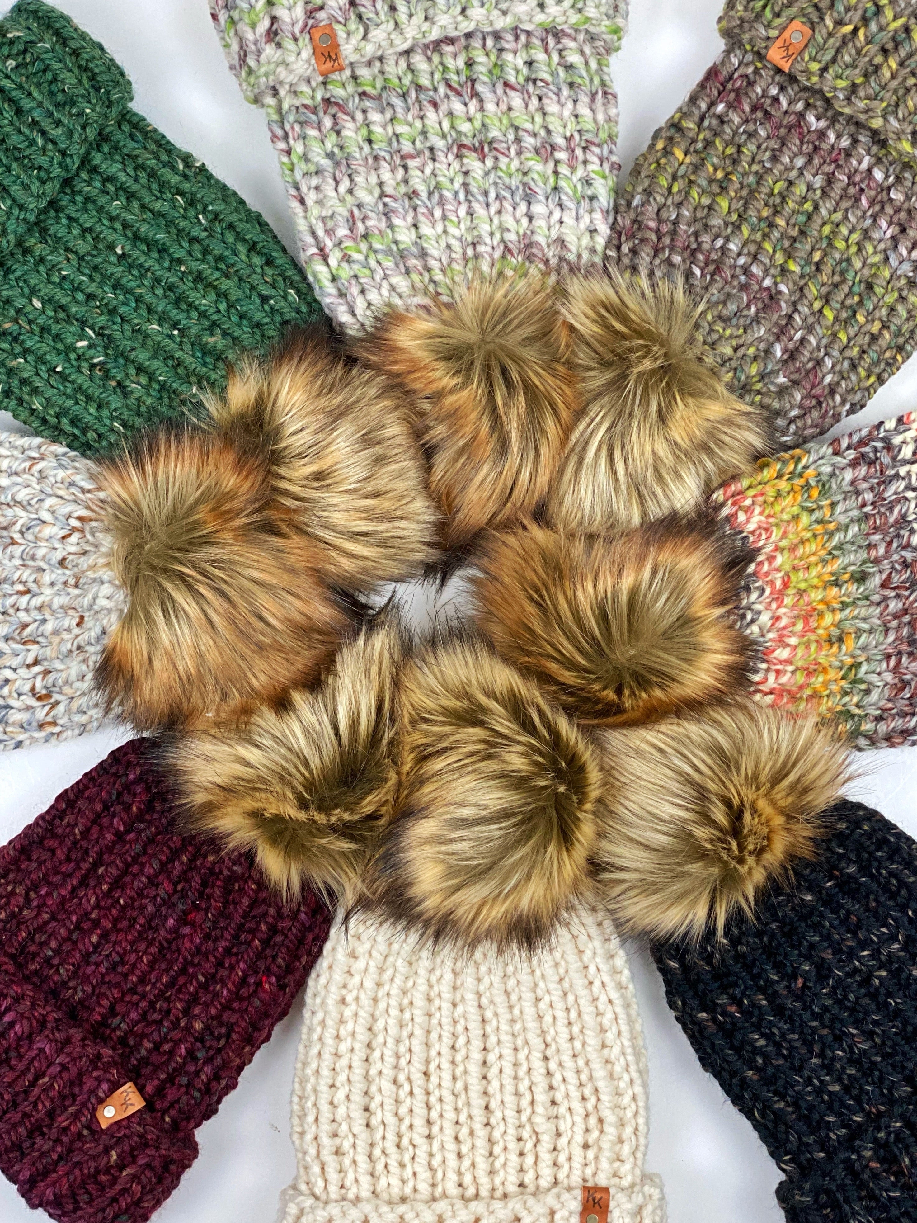 Hand Knit Folded Brim Super Bulky Beanie Faux Fur Pom
