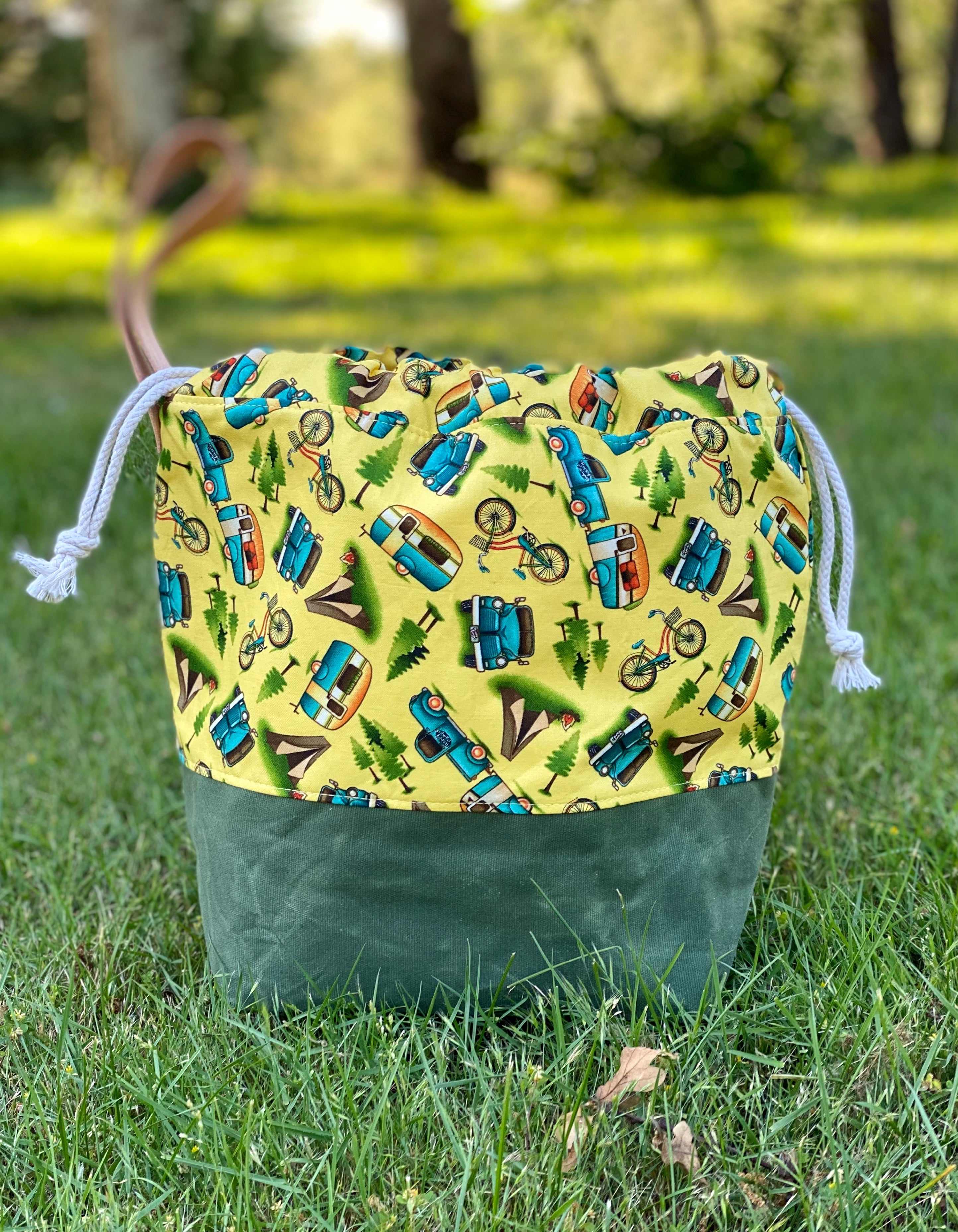 Vintage Camper Cotton Project Bag, Project Bag for Knitters, Waxed Canvas Bag, Crochet Bag, Whimsical Project Bag