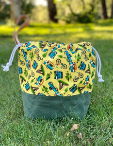 Vintage Camper Cotton Project Bag, Project Bag for Knitters, Waxed Canvas Bag, Crochet Bag, Whimsical Project Bag