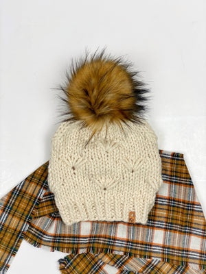 River Walk Beanie Hand Knit Wool Blend Faux Fur Pom Pom Hat - KitchenKlutter