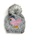 Pink Chicken Hat Beanie Wool Blend Womens Adult Hat Faux Fur Pom Pom Knit Hat