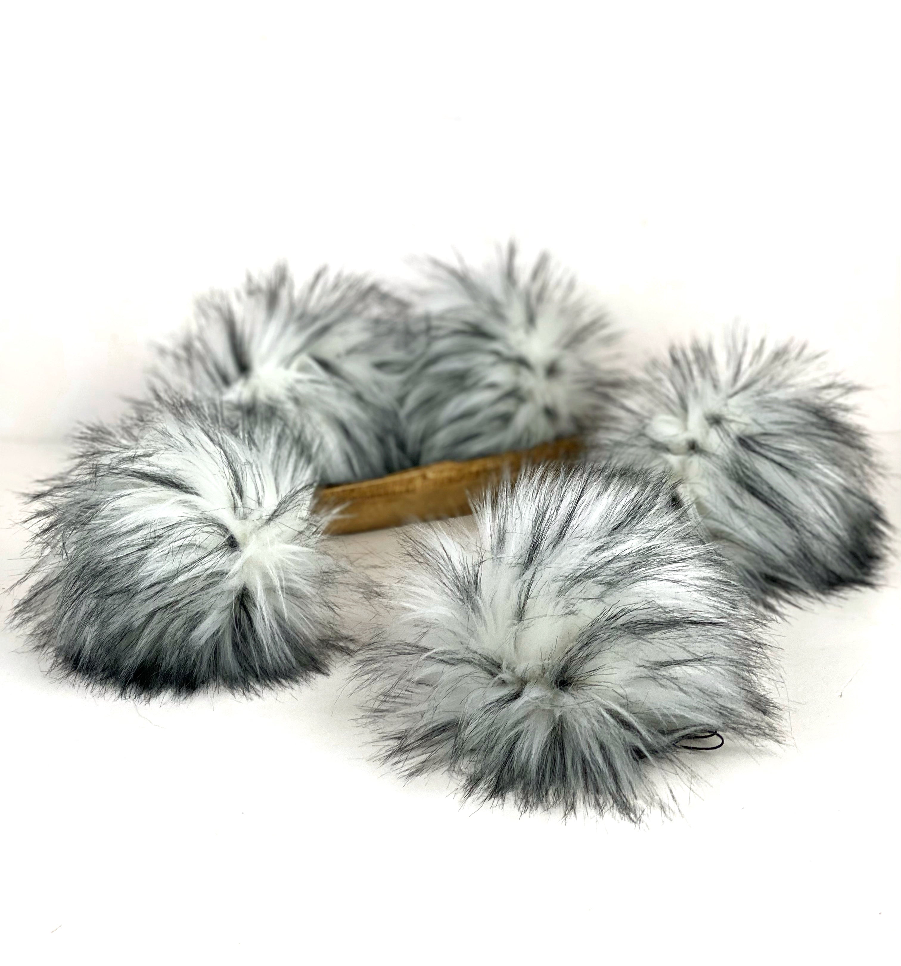 Husky Faux Fur Pom Pom White with Black Streaks