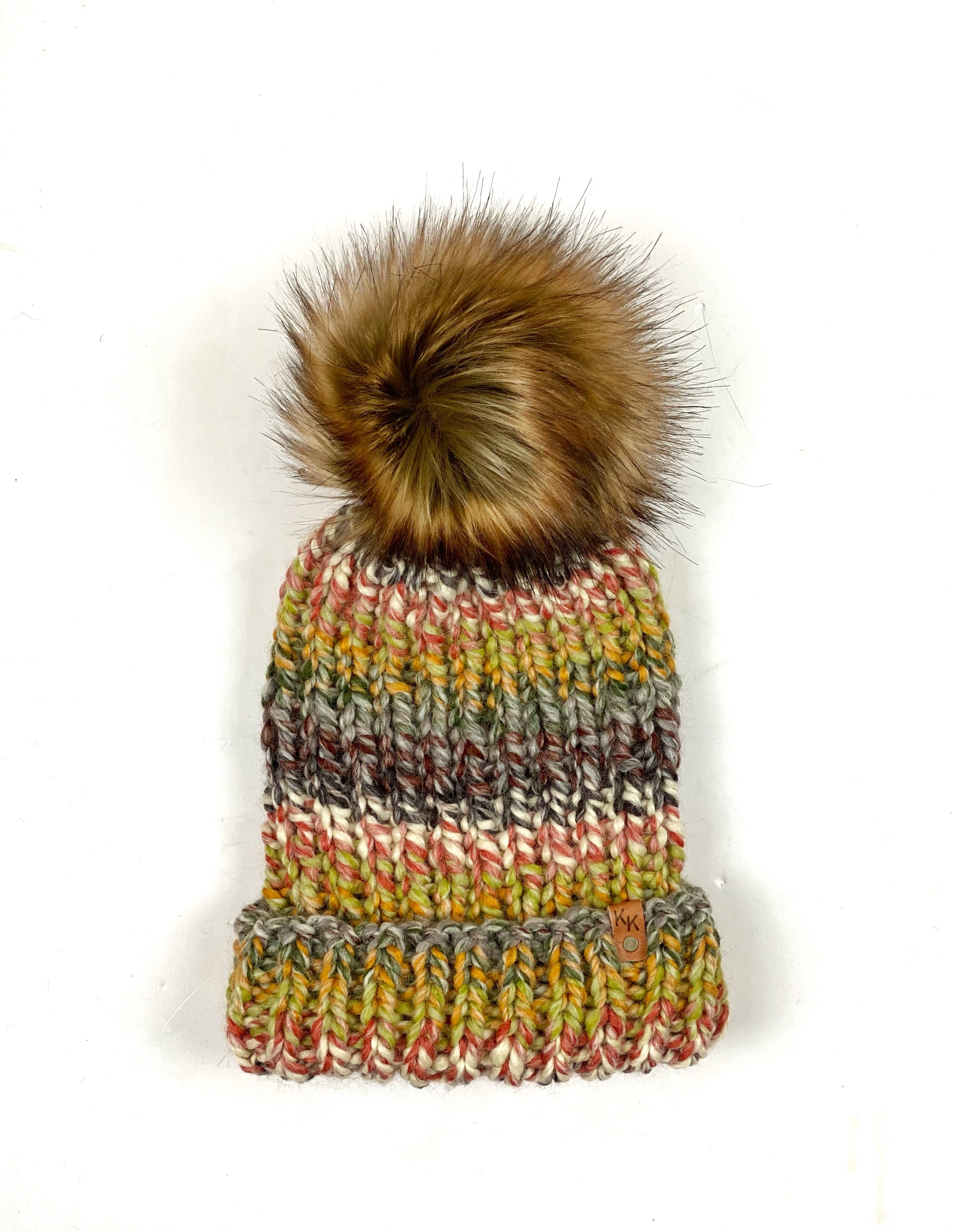 Hand Knit Folded Brim Super Bulky Beanie Faux Fur Pom