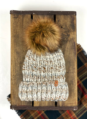 Hand Knit Folded Brim Super Bulky Beanie Faux Fur Pom
