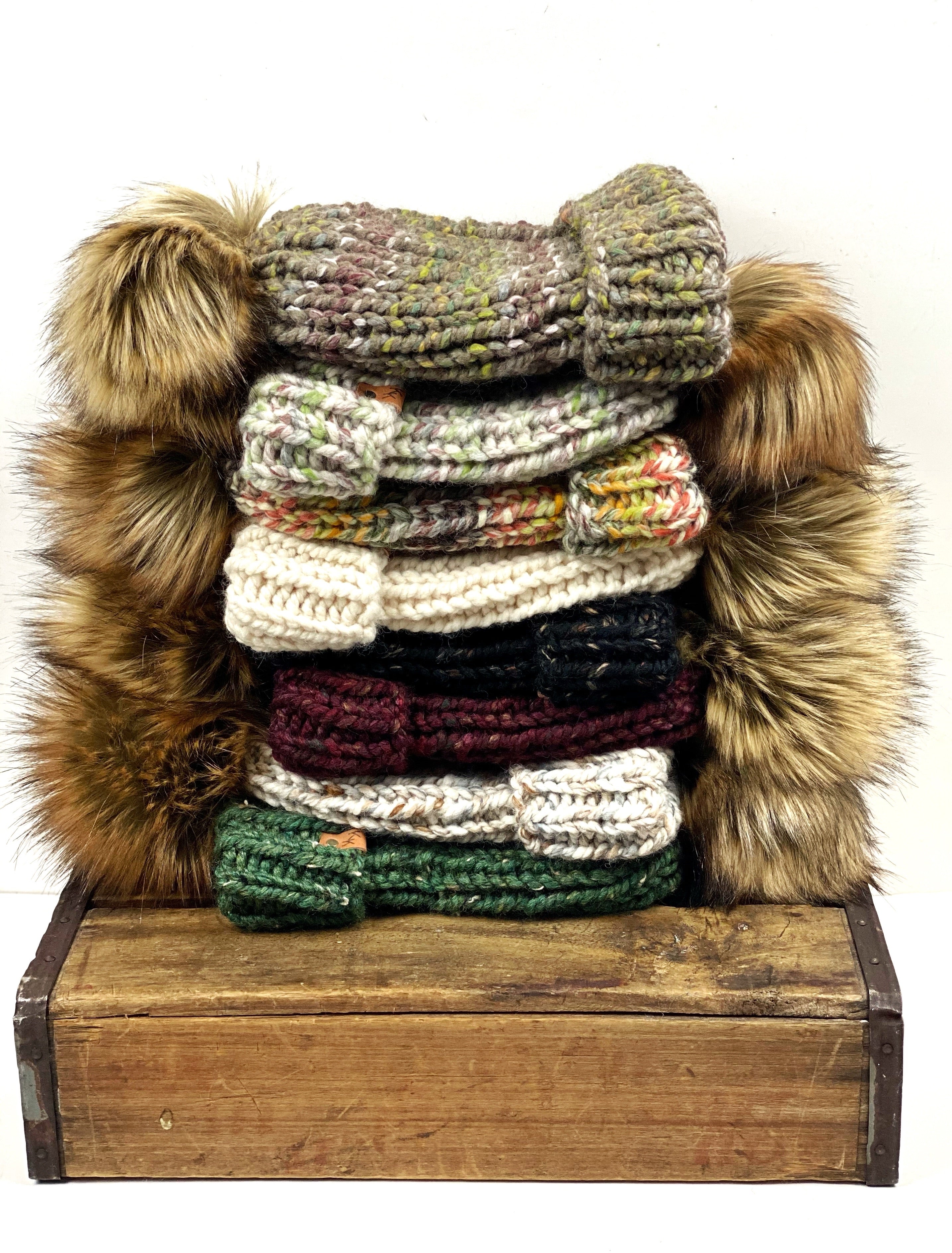 Hand Knit Folded Brim Super Bulky Beanie Faux Fur Pom