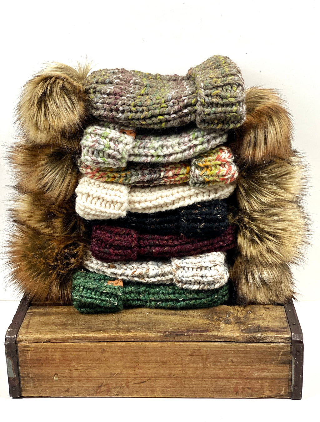 Hand Knit Folded Brim Super Bulky Beanie Faux Fur Pom