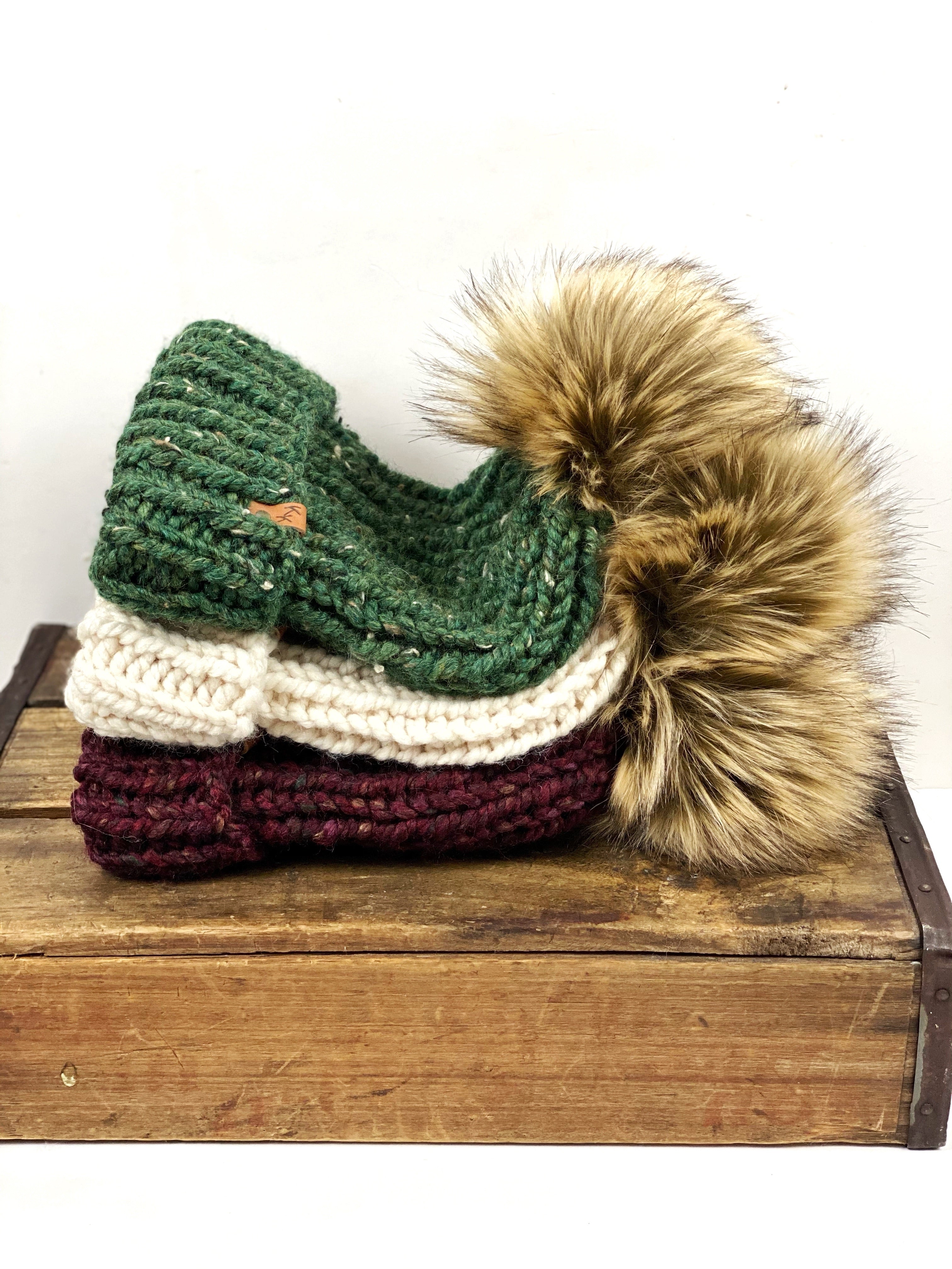 Hand Knit Folded Brim Super Bulky Beanie Faux Fur Pom