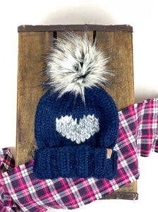 Navy Blue Big Heart Eds Hat Womens Adult Folded Brim Beanie Wool Blend Limestone Faux Fur Pom