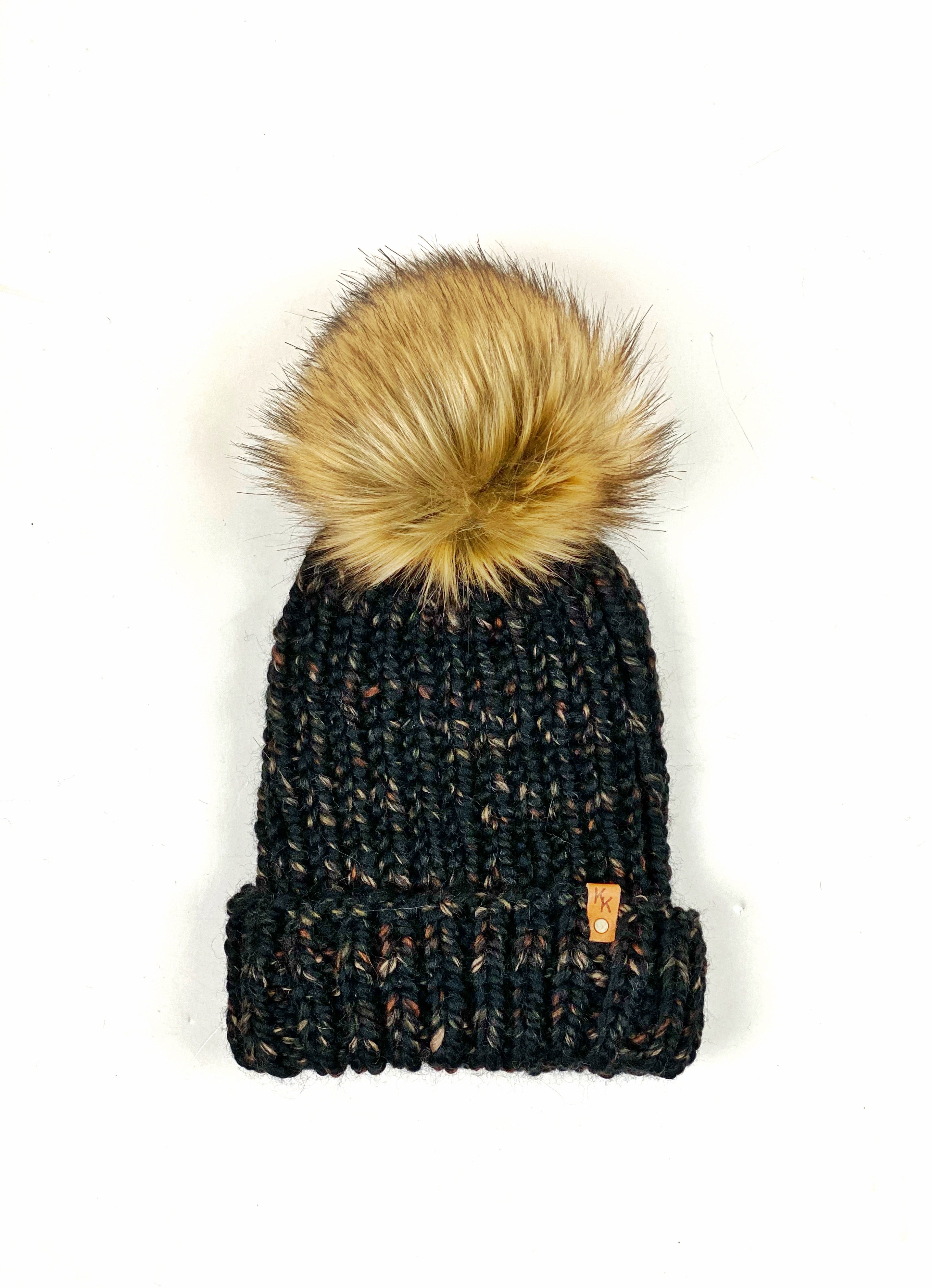 Hand Knit Folded Brim Super Bulky Beanie Faux Fur Pom