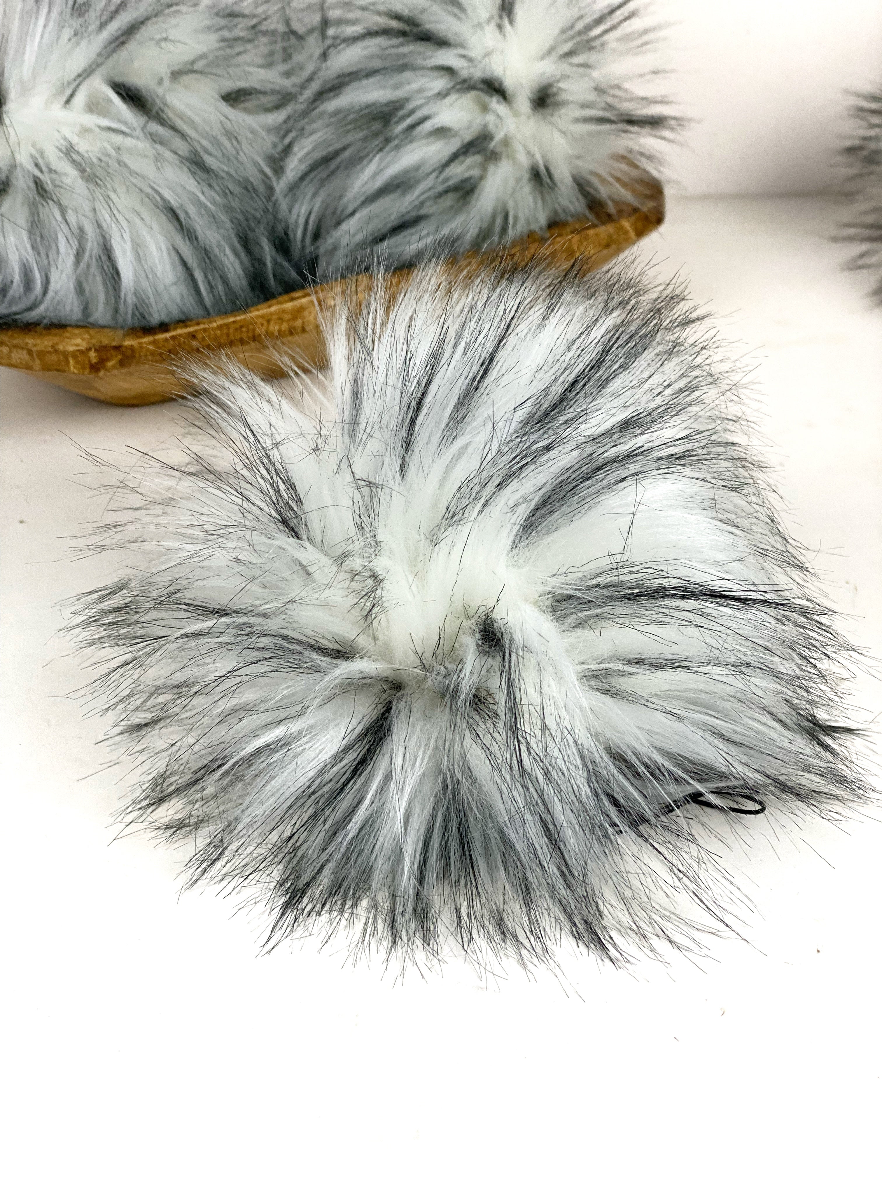 Husky Faux Fur Pom Pom White with Black Streaks