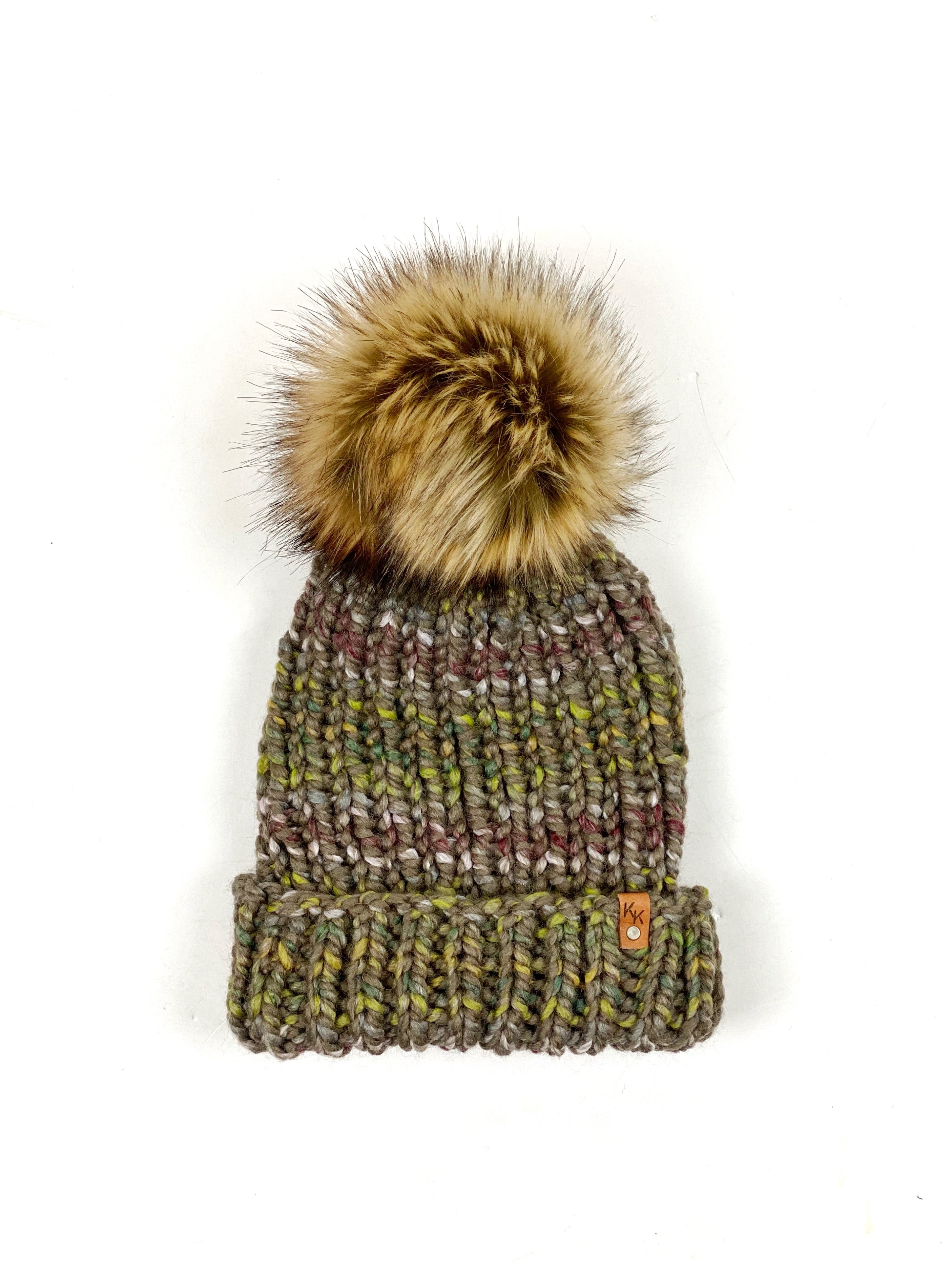Hand Knit Folded Brim Super Bulky Beanie Faux Fur Pom