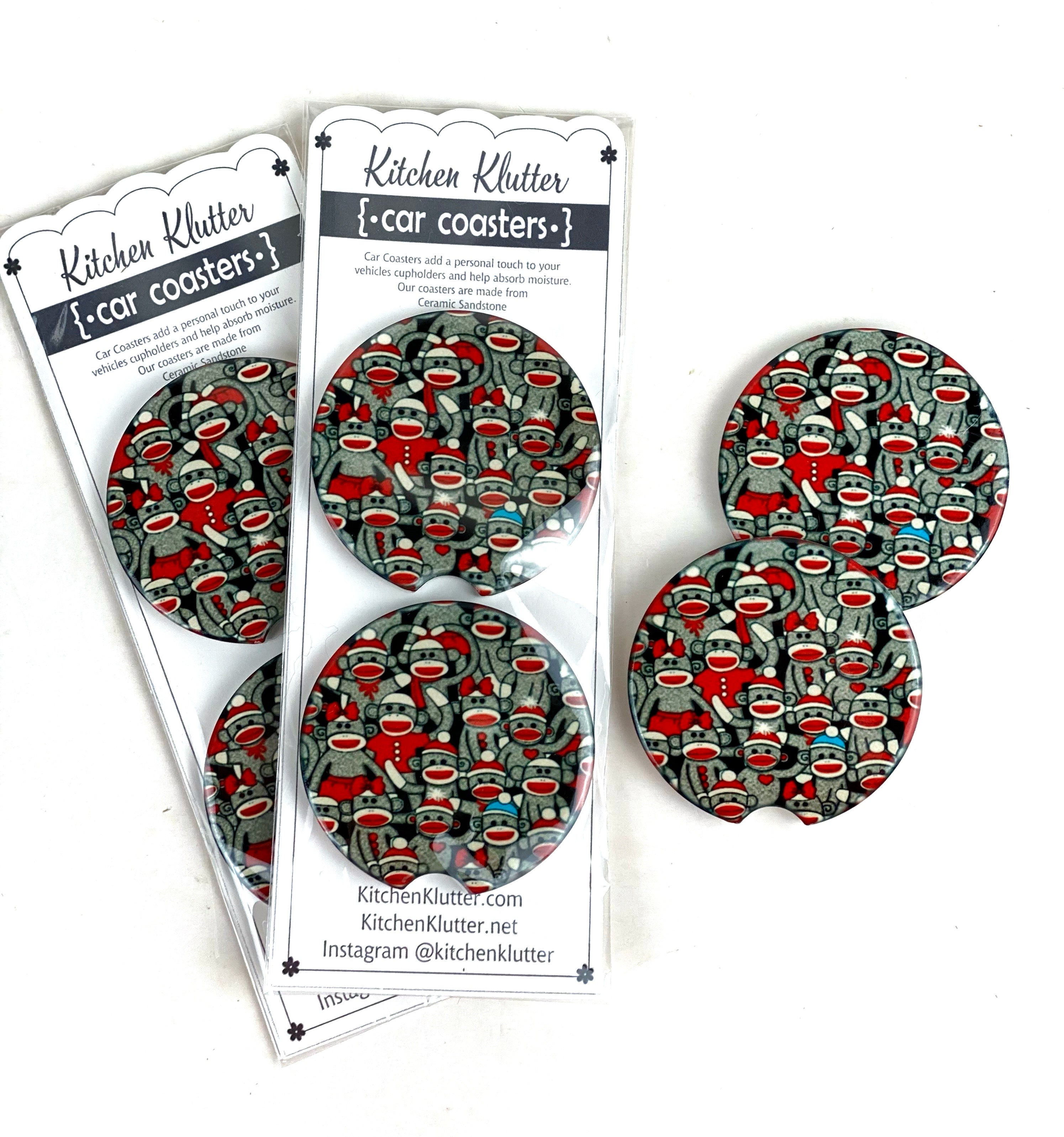 Sock Monkey Ceramic Car Coasters, Stoneware Cup Holder Coaster Set of 2, Sublimation Coasters, Car Accessories