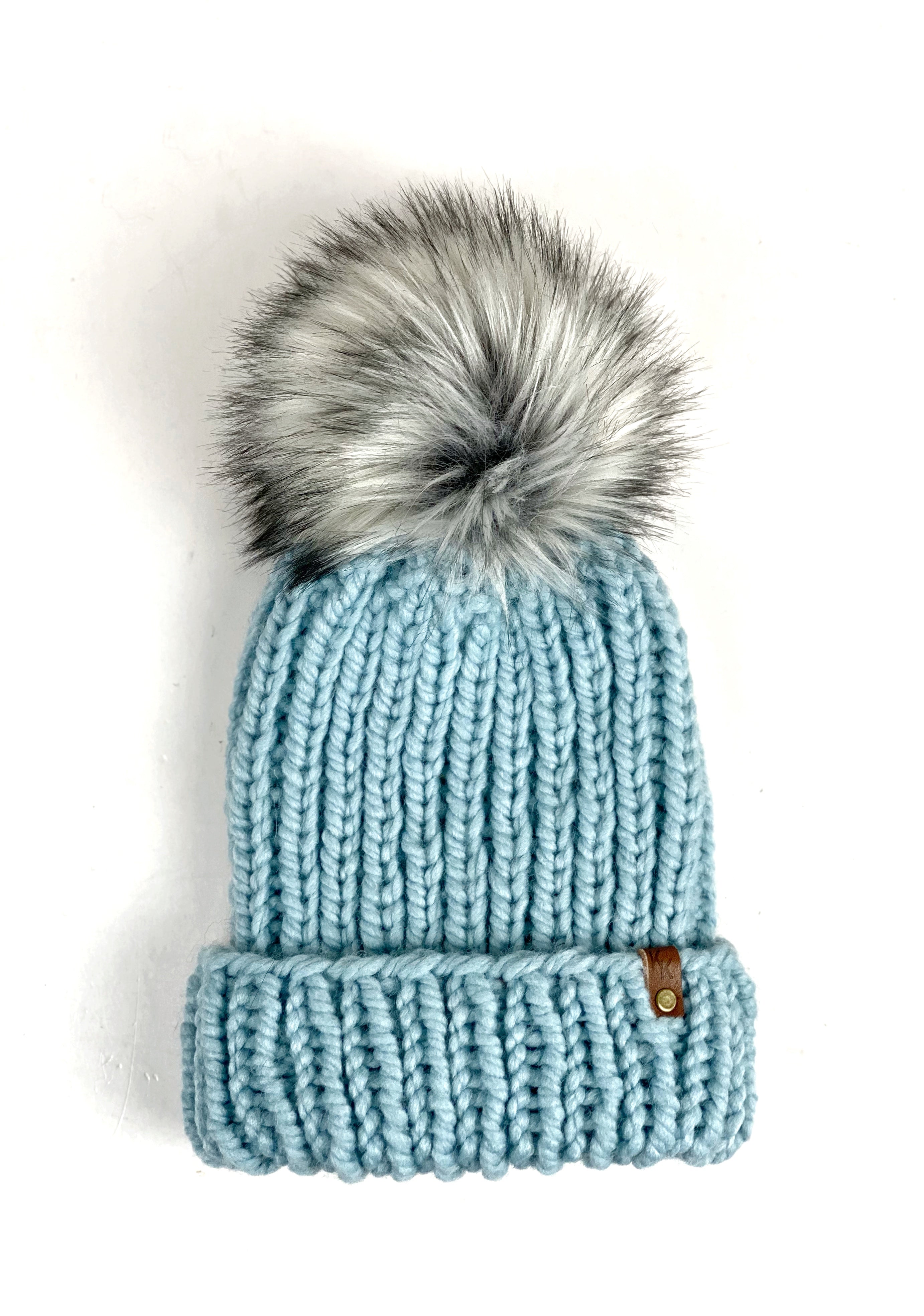 Hand Knit Folded Brim Super Bulky Beanie Faux Fur Pom