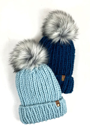 Hand Knit Folded Brim Super Bulky Beanie Faux Fur Pom