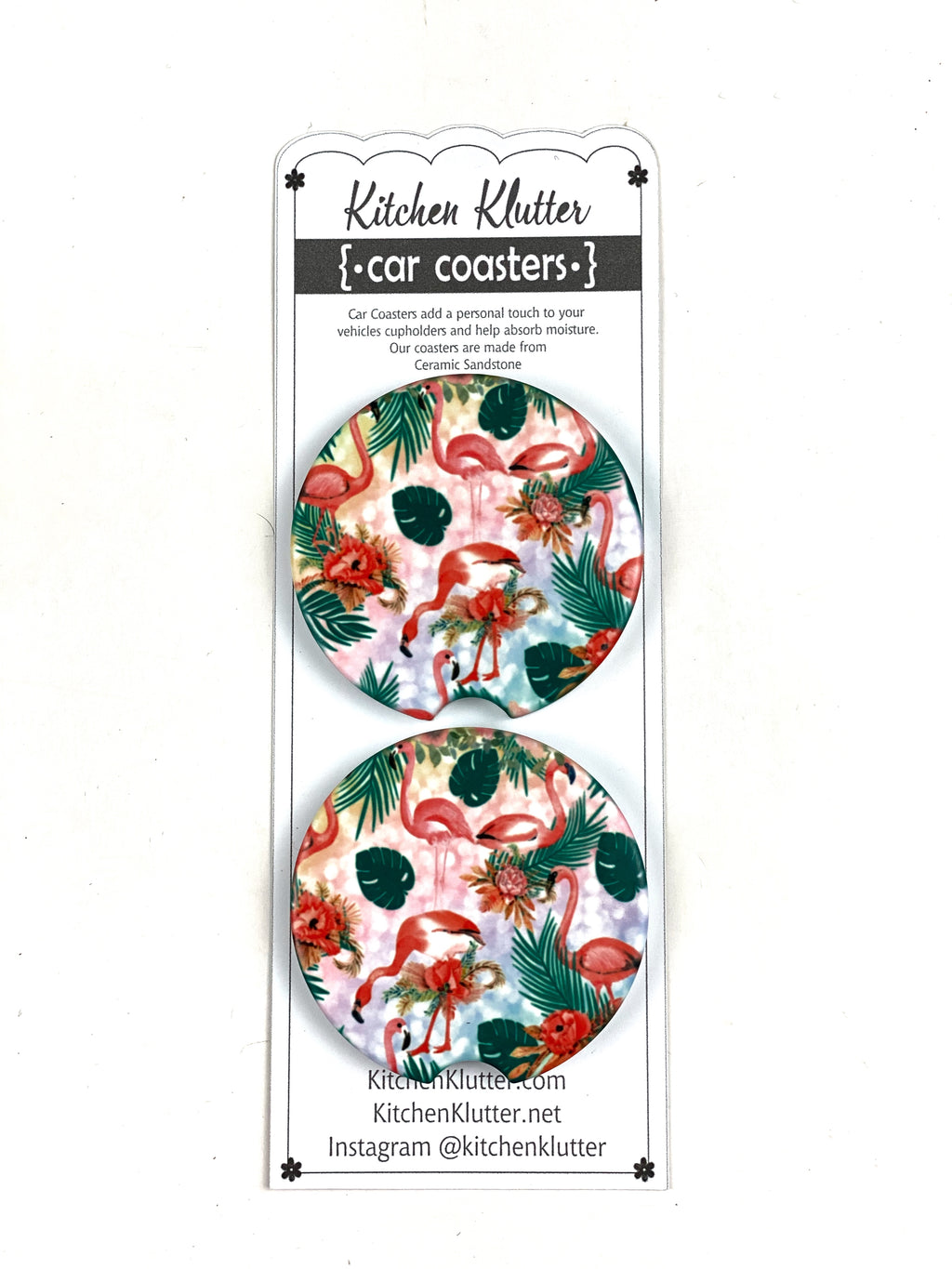 Flamingo and Palms Car Coasters Ceramic Stone Sublimation Set of 2