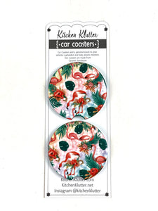 Flamingo and Palms Car Coasters Ceramic Stone Sublimation Set of 2