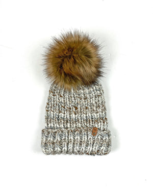 Hand Knit Folded Brim Super Bulky Beanie Faux Fur Pom