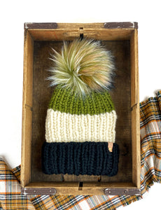 Hand Knit Folded Brim Super Bulky Beanie Faux Fur Pom
