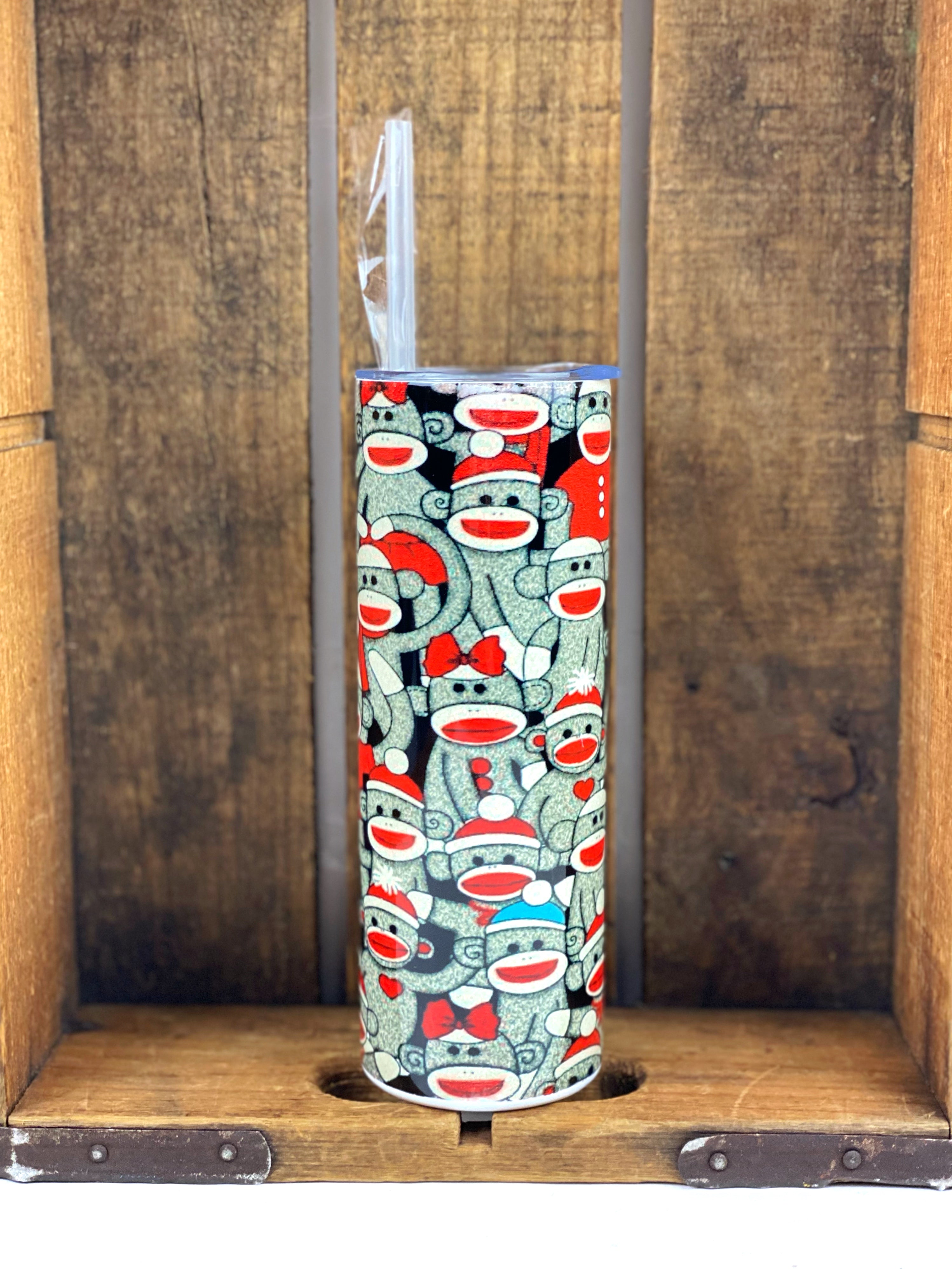 Sock Monkey Full Wrap 20 oz Stainless Steel Skinny Tumbler Sublimation