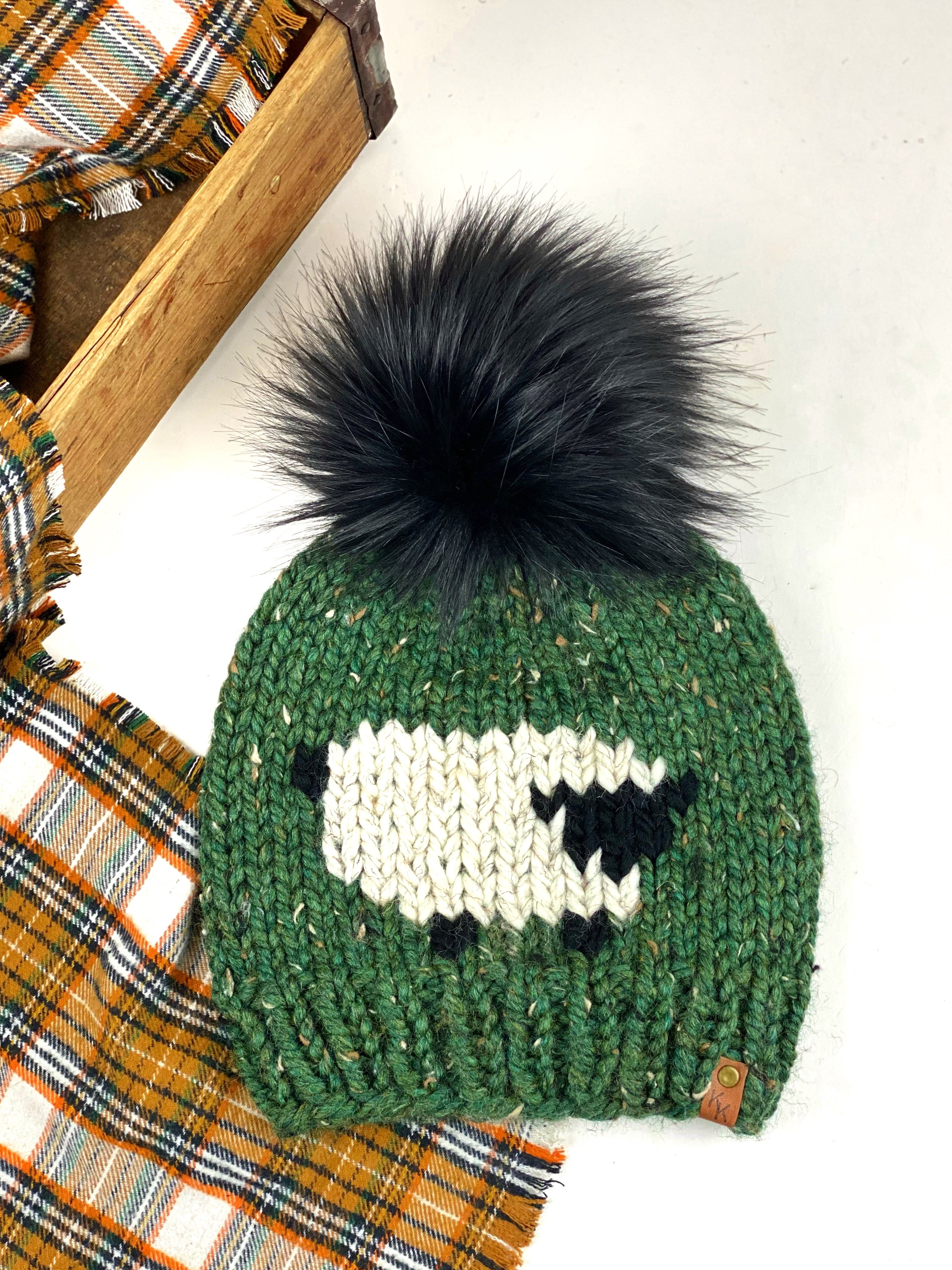 Knit Sheep Beanie Wool Blend Womens Adult Hat Faux Fur Pom Pom Hat