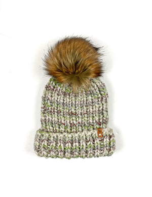 Hand Knit Folded Brim Super Bulky Beanie Faux Fur Pom