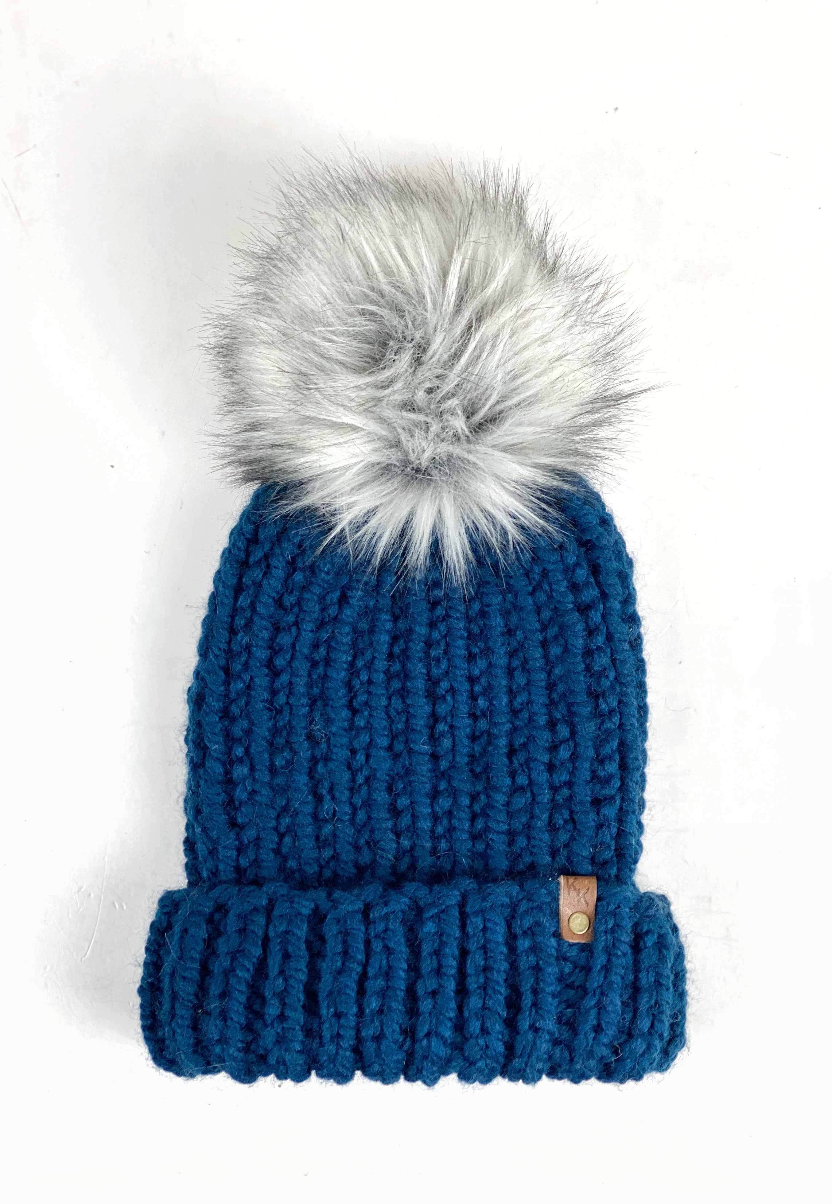 Hand Knit Folded Brim Super Bulky Beanie Faux Fur Pom