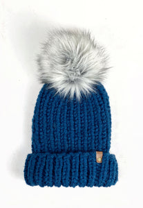 Hand Knit Folded Brim Super Bulky Beanie Faux Fur Pom
