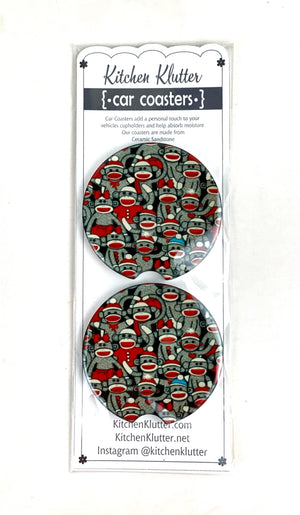 Sock Monkey Ceramic Car Coasters, Stoneware Cup Holder Coaster Set of 2, Sublimation Coasters, Car Accessories