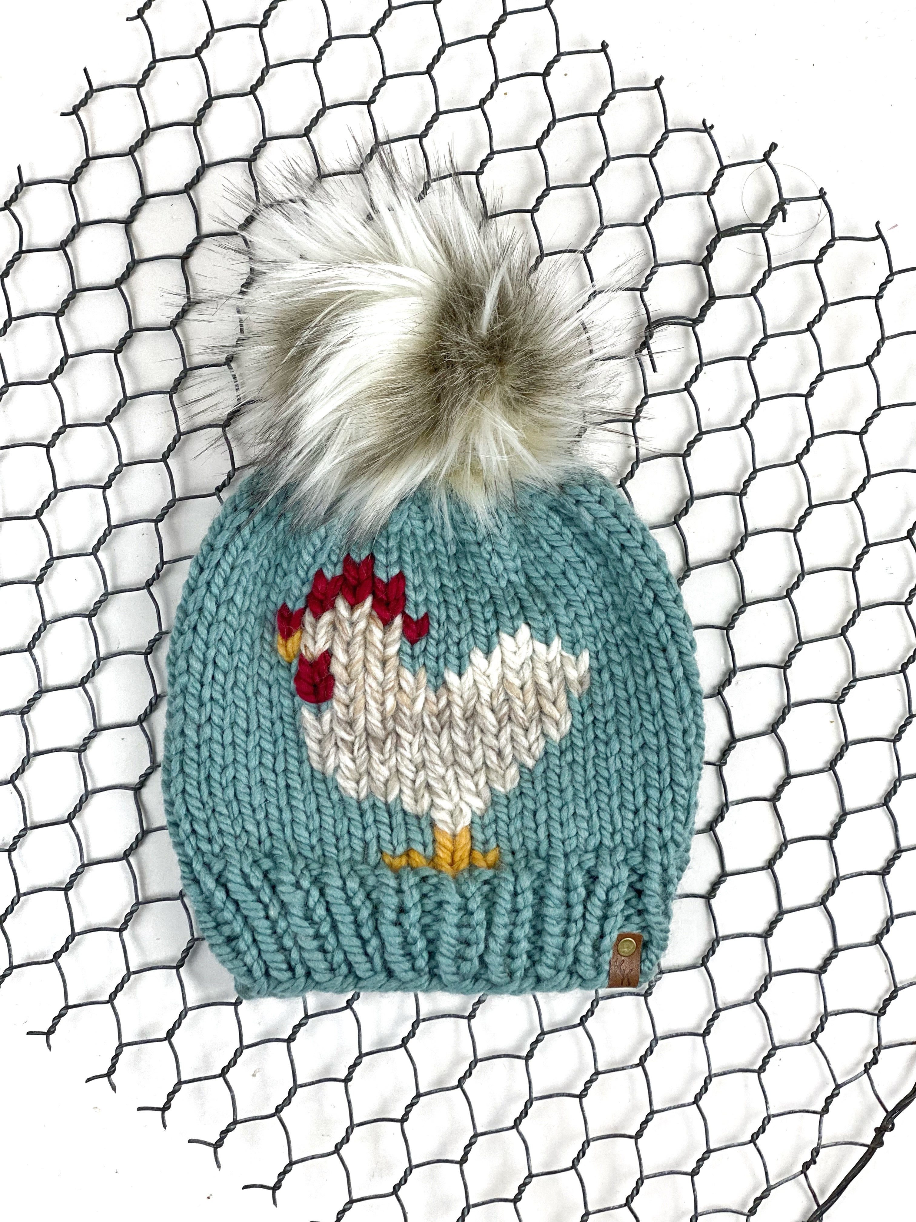 Succulent Knit Chicken Hat Beanie Wool Blend Womens Adult Hat Faux Fur Pom Pom Hat