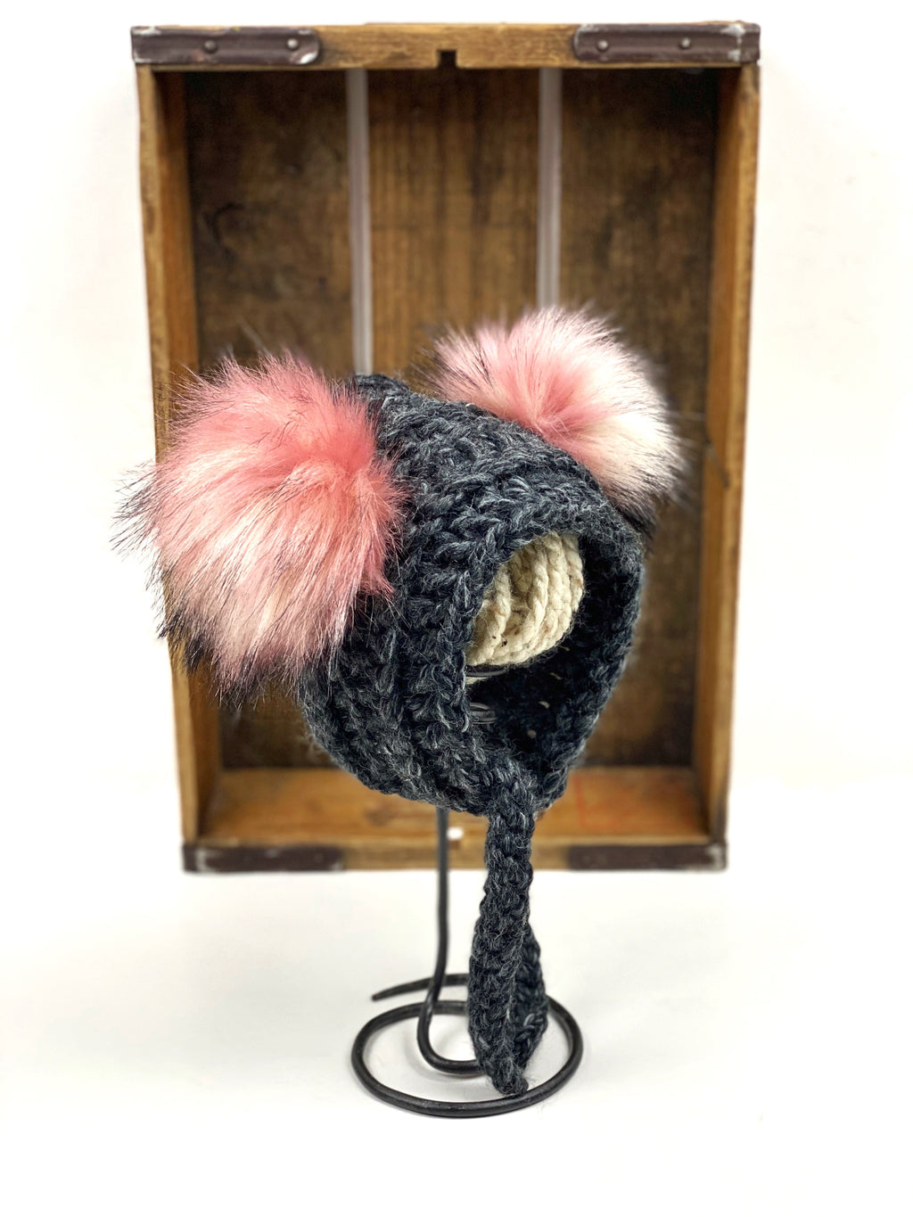 Charcoal Gray Coastal Cub Hat Baby Bear Photo Prop Double Pom