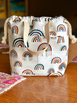 Rainbow Macrame Canvas Project Bag, Boho Style Duck Canvas Bag, Knit & Crochet Drawstring Knitting Crocheting WIP